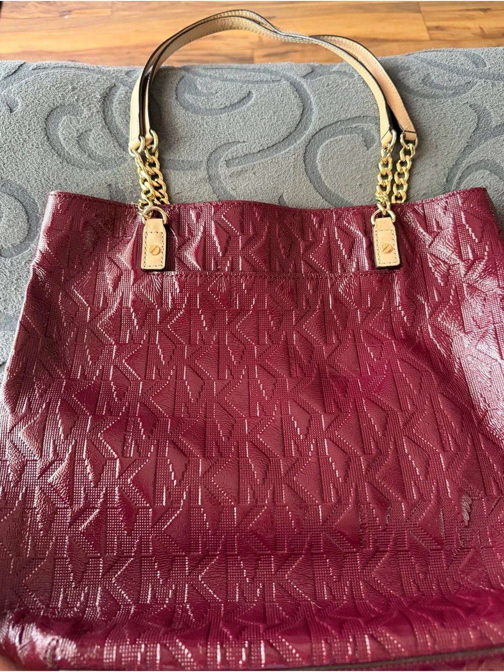 Michael Kors Wine Logo-Embossed Tote with Gold Chain Straps